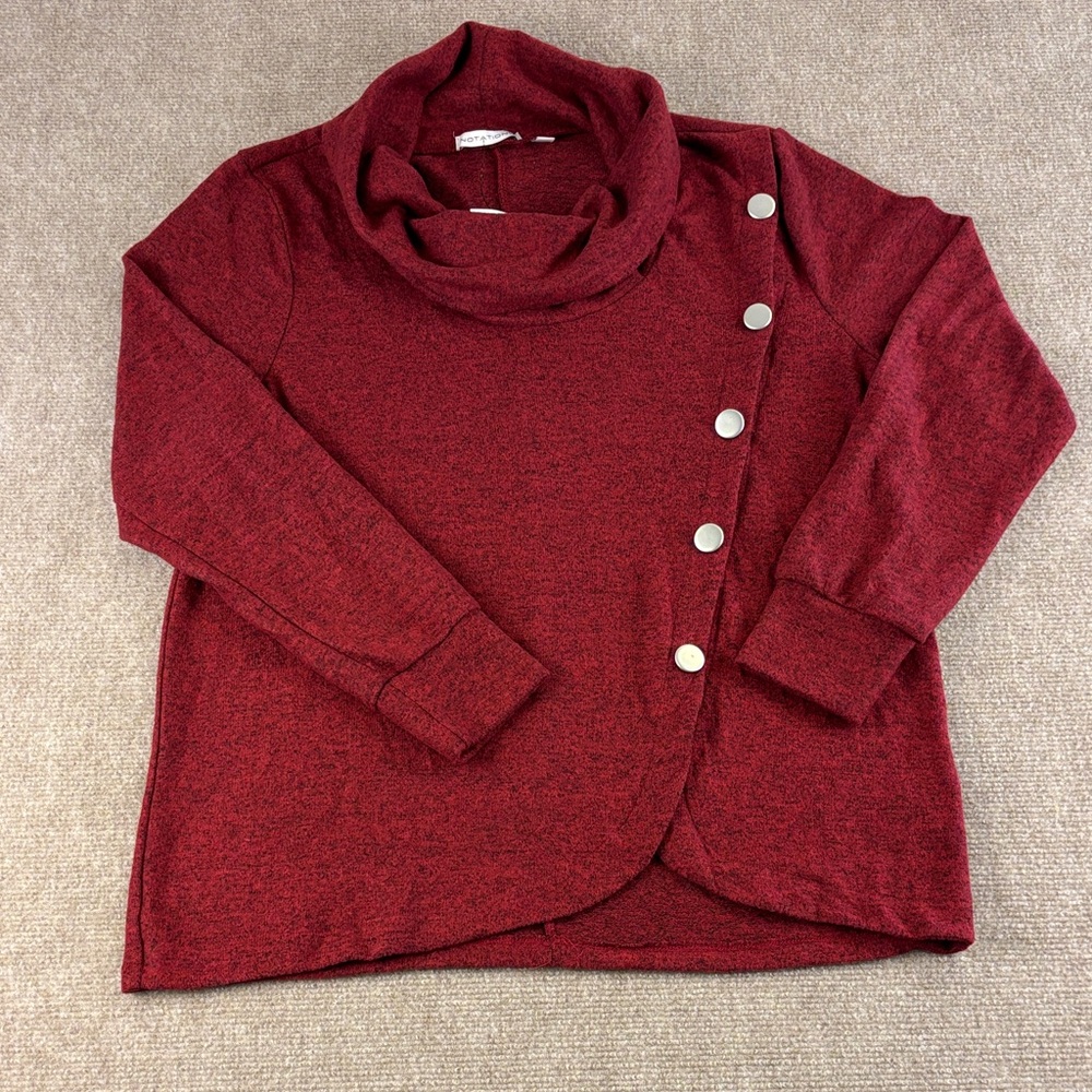 Notations Women's Deep Red/Black Button Closure Sweater with Cowl Neck Sz PL NWT